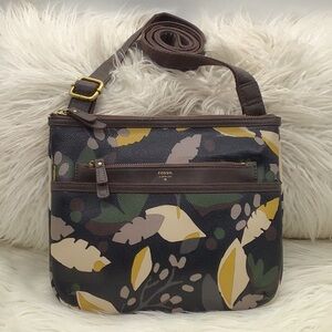 Fossil Black Floral Print Coated Leather Crossbody Bag